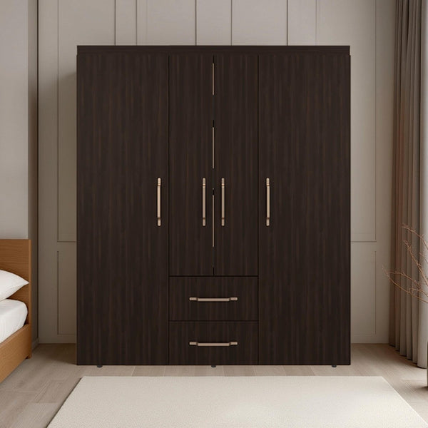 English Elm Stained Walnut Four Door Wardrobe with Rods Shelves and Drawers for Bedroom B062S01864