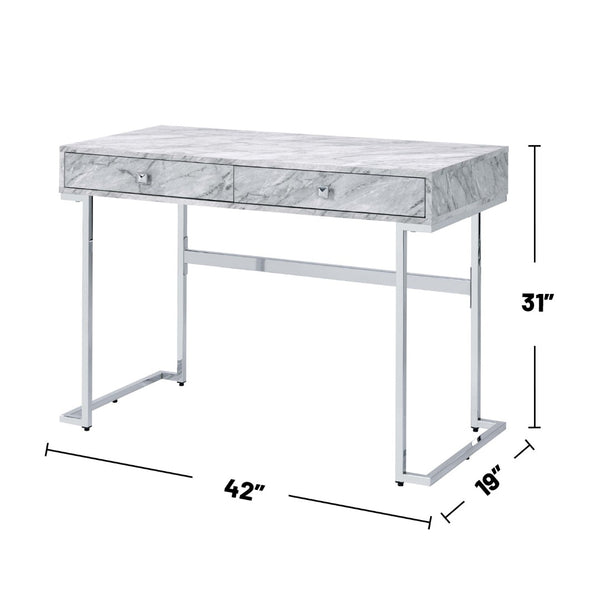 English Elm Rectangular Modern Writing Desk With Chrome Base And Luxe White Faux Marble Top For Stylish Offices B016P311828-GIGA