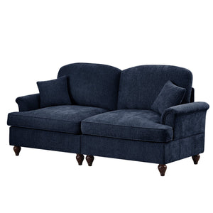English Elm Elegant Mid Century Two-Seater Sofa Couch With Removable Ruffles, Chenille, Blue Upholstery & Spindle Legs W3041S00252
