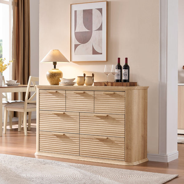 English Elm Fluted Wave Panel 7 Drawer Mdf Dresser Modern Bedroom Storage with Tv Stand Top T5326P425097