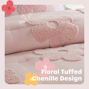 English Elm 4-piece Reversible Tufted Chenille Floral Comforter Set with Decorative Flower Pillow B035P408214
