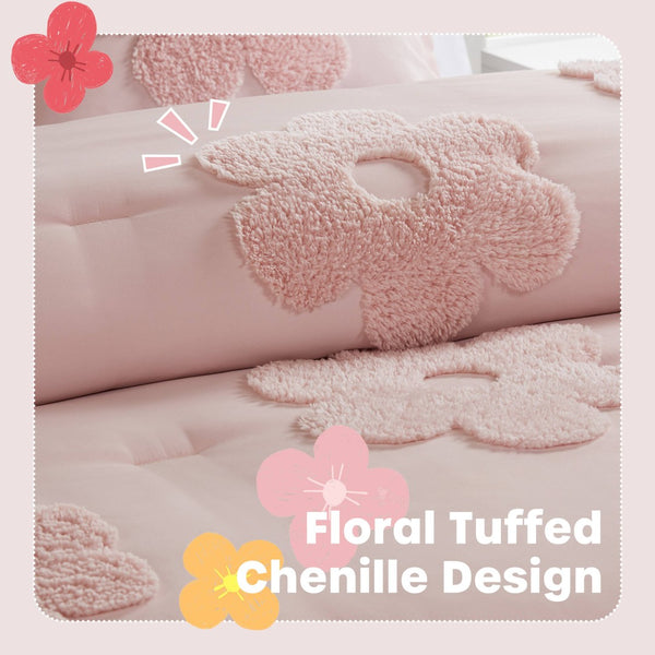 English Elm 4-piece Reversible Tufted Chenille Floral Comforter Set with Decorative Flower Pillow B035P408214