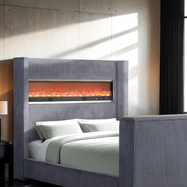 English Elm Black Eastern King Platform Bed Wingback Headboard with Motorized Tv Lift Fireplace Gray,Multi B2741S00800