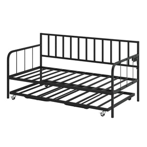 English Elm Twin Daybed with Trundle Black Metal Sofa Bed Frame — Heavy-Duty Slats, 880lb Capacity, Space-Saving Storage W3107P341530