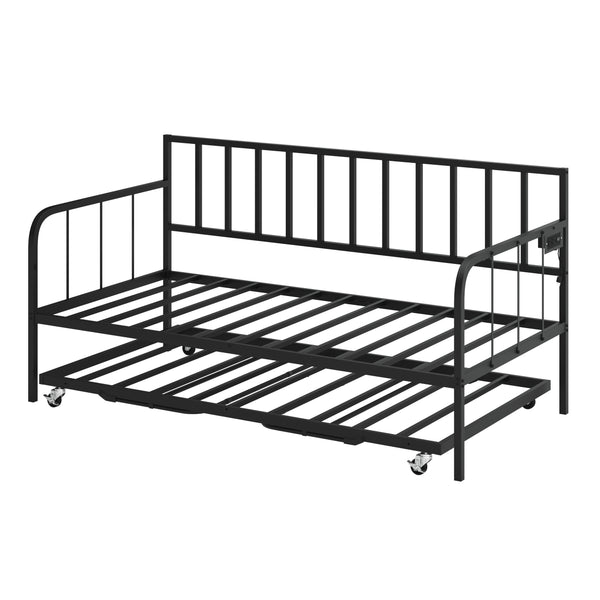 English Elm Twin Daybed with Trundle Black Metal Sofa Bed Frame — Heavy-Duty Slats, 880lb Capacity, Space-Saving Storage W3107P341530