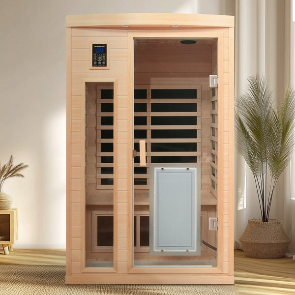 English Elm Low Emf Two Person Hemlock Far Infrared Sauna with Glass Door Heating Panels W632P501517
