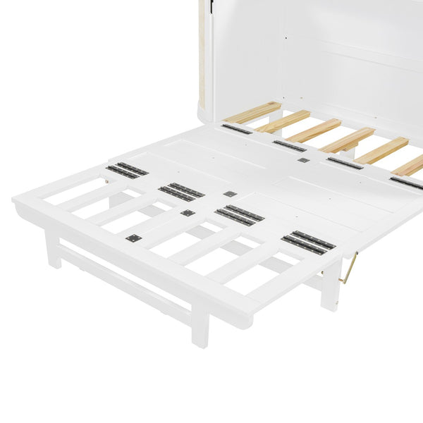 English Elm Full Murphy Bed with Woven Rattan Cabinet Front and Built-in Side Storage Units White LP000599AAK