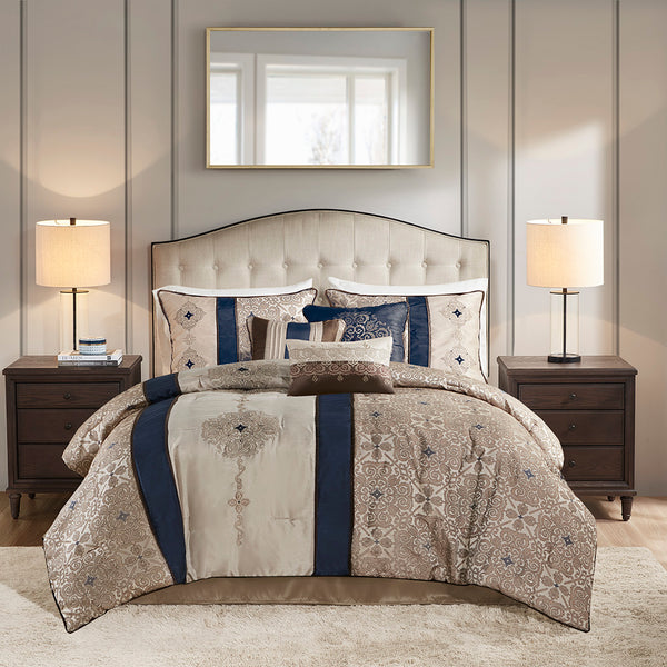 JLA Home Madison Park - 7 Piece Jacquard Comforter Set Elevates Bedroom with Embroidered Medallions, Navy Taupe Luxury Feel MP10-4346