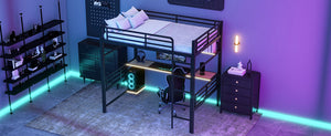 English Elm Full Size Metal Loft Bed Frame with Desk, LED Lights, Storage Shelves & Guardrails for Gamers DL002208AAB
