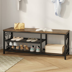 English Elm Vividwood Industrial Entryway Bench Rustic Wood Top Metal Frame Scrollwork Shoe Organizer Brown T5618P505964