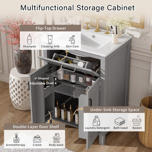 English Elm 24"Bathroom Luxurious Space-Saving Vanity with Ceramic Sink, Solid Wood Frame, Soft-Close Doors and Storage Grey N729P183716E