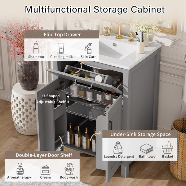 English Elm 24"Bathroom Luxurious Space-Saving Vanity with Ceramic Sink, Solid Wood Frame, Soft-Close Doors and Storage Grey N729P183716E
