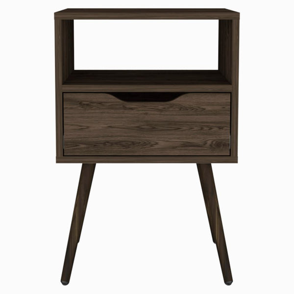 English Elm Nightstand In Dark Walnut - Stylish 25"H Design With Open Shelf, Drawer, And Superior Top For Storage B097132995
