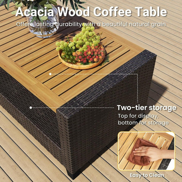 English Elm 4-piece Wicker Outdoor Conversation Set with Acacia Wood Table and Foam Cushions Beige+Brown B082S00061