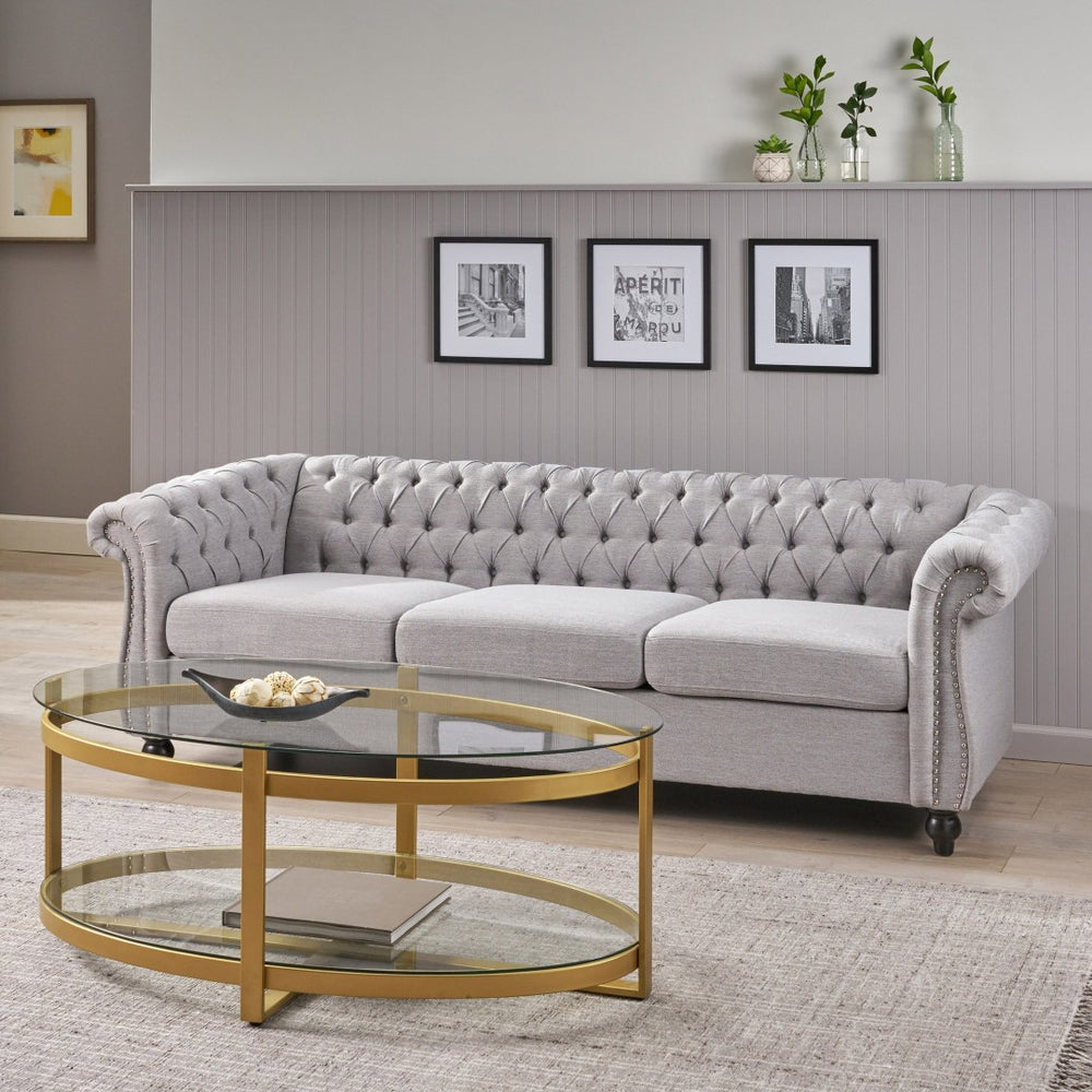 English Elm Sofa Chesterfield Three Seat Tufted Scrolled Arm Nailhead Living Room Formal Piece 68014.00FCLOUDGRY