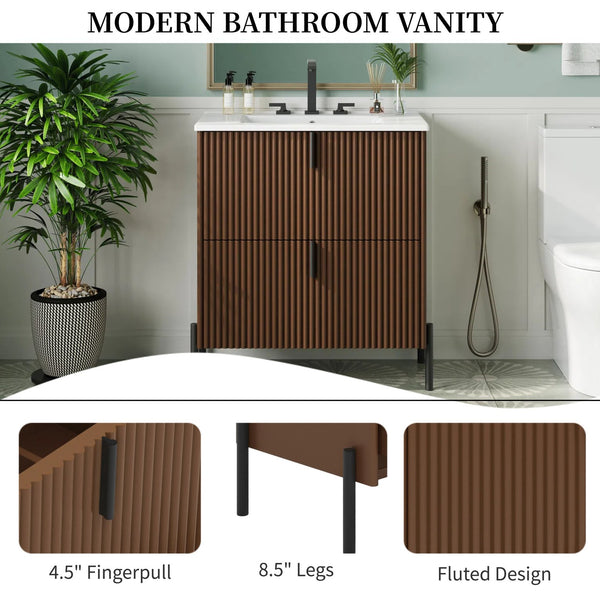 English Elm Christopher Knight Home® - 30" Elegant Freestanding Bathroom Vanity With Glossy Ceramic Sink, Soft-Close Drawers & Fluted Design N817P288931D