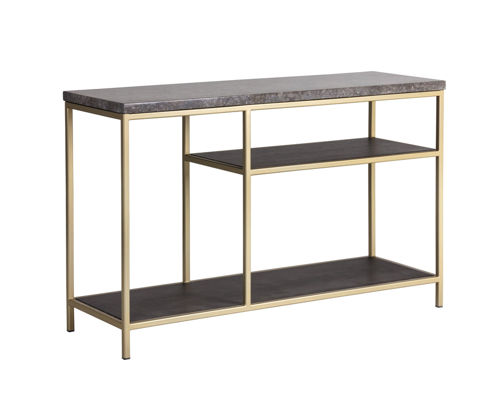 Sunpan Arden Console Table – Rustic Grey Marble Top with Oak Shelves & Gold Iron Frame – Modern Elegance