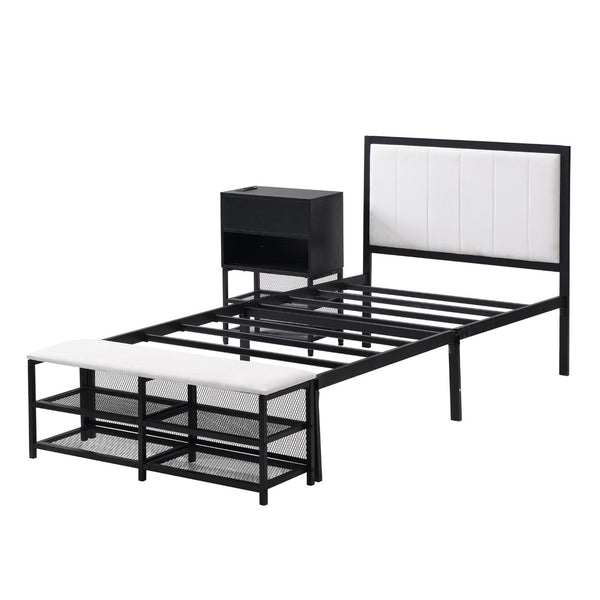 English Elm Twin Metal Platform Bed With Two-Tier Shelves & Wooden Cabinet - Stylish Storage Solution In Black N737P199330B-GIGA