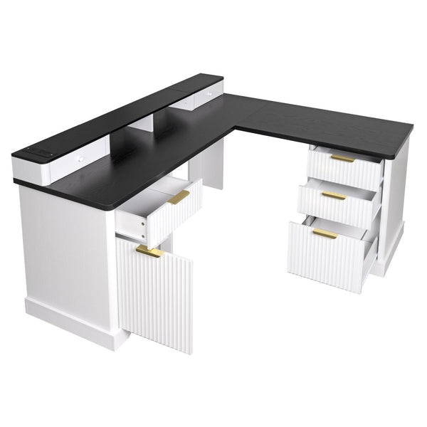 English Elm 59" Fluted Oak L-shaped Corner Desk with Charging Station Monitor Stand and File Storage White W2917S00004