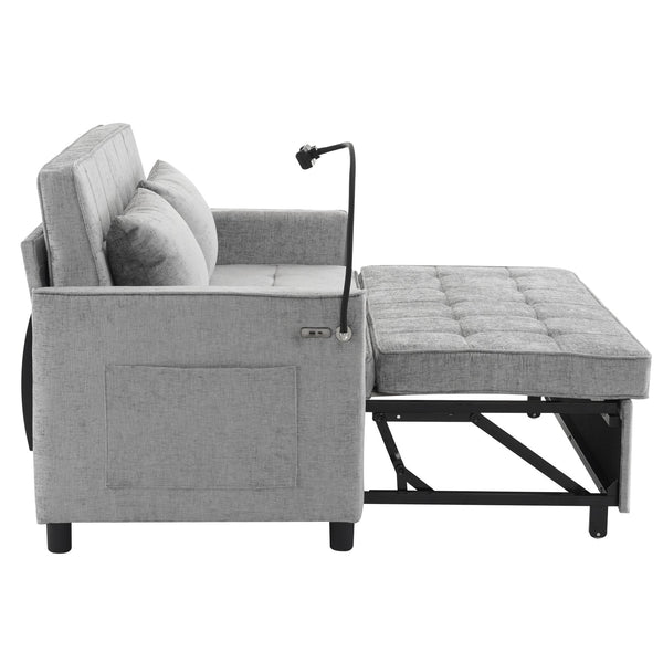 English Elm 56.9" Loveseat Sofa Bed with Chenille Upholstery, USB Ports, Phone Holder, Side Pockets, Reclining Backrest Grey N719P208853E