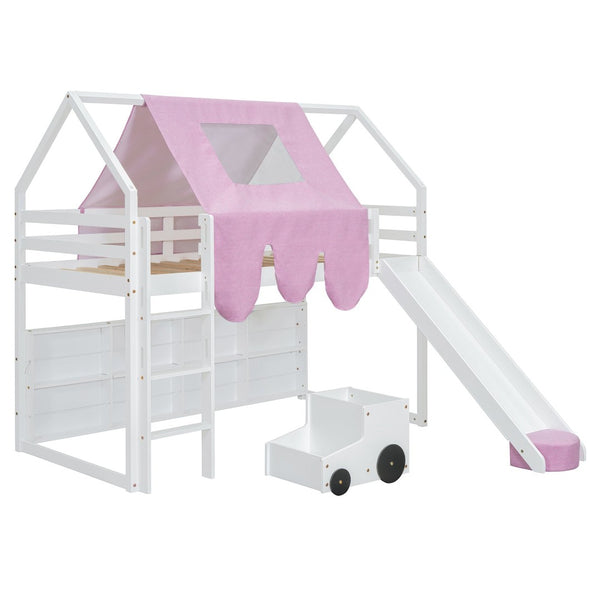 English Elm Twin House Loft Bed with Tent Canopy Slide and Shelves Pinewood Kids Frame White LT000682AAK-1