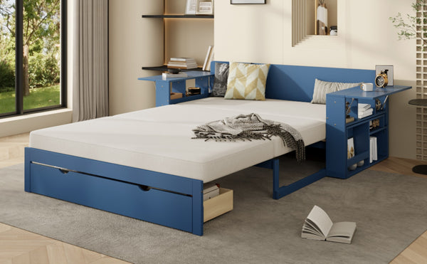 English Elm Full Size Daybed with Hydraulic Desk Armrests Storage Drawer and Sofa Seating Blue LT000271AAC