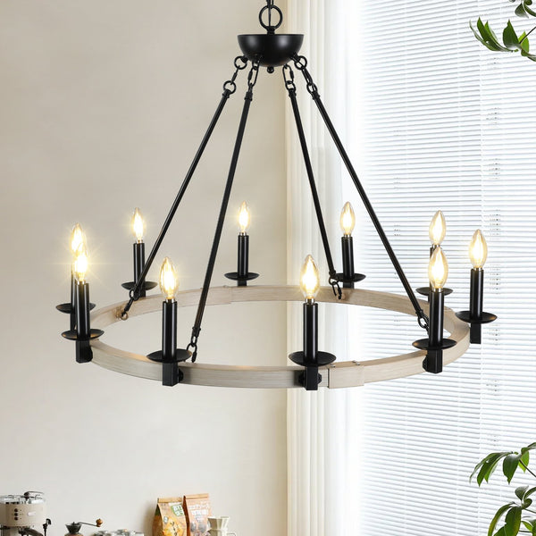 English Elm 32" Rustic Farmhouse 10-Light Chandelier in Matte Black & White Oak, Round Iron Wood Hanging Fixture W1340P221222