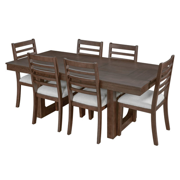 English Elm 7 Piece Farmhouse Dining Set Oak Veneer Extendable Table Six Upholstered Chairs Beige,Walnut N752S000090D-1