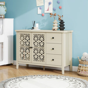 English Elm Hollowed-Out Cabinet With 2 Doors & 3 Drawers – Stylish American Furniture For Versatile Storage Solutions W688P223034