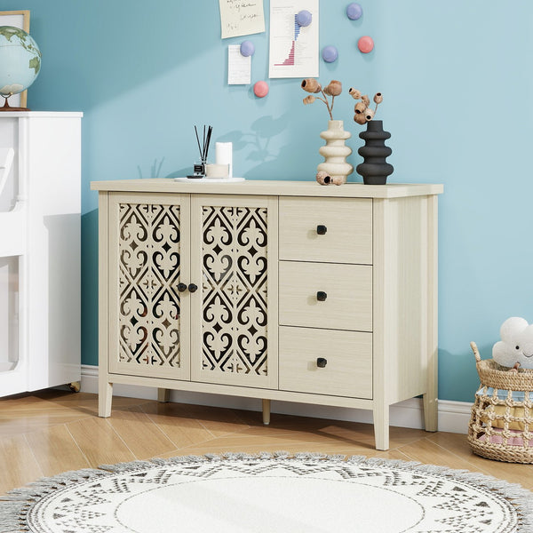 English Elm Hollowed-Out Cabinet With 2 Doors & 3 Drawers – Stylish American Furniture For Versatile Storage Solutions W688P223034
