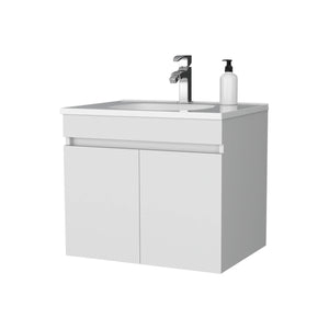 English Elm White Floating Vanity with Dual Doors and Integrated Basin, Wall-Mounted Compact Bathroom Storage Solution B062P303926