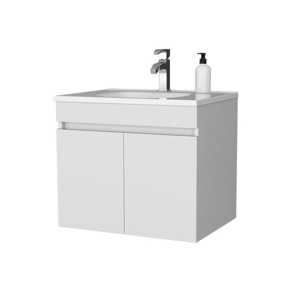 English Elm White Floating Vanity with Dual Doors and Integrated Basin, Wall-Mounted Compact Bathroom Storage Solution B062P303926