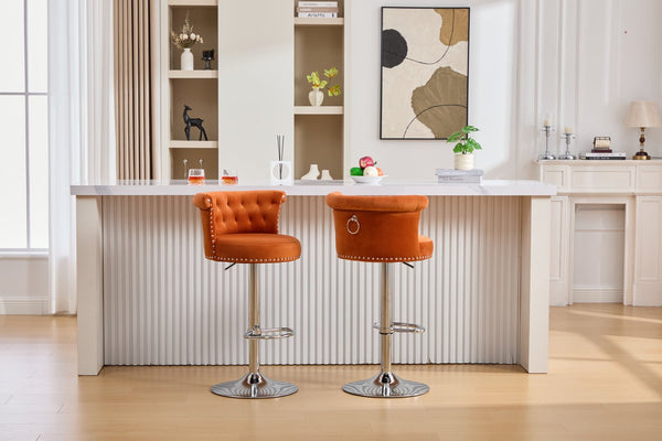 English Elm COOLMORE Velvet Bar Stool with Anti-Slip Large Base, Adjustable 360° Swivel, Plush Foam Comfort Orange W1539P320509