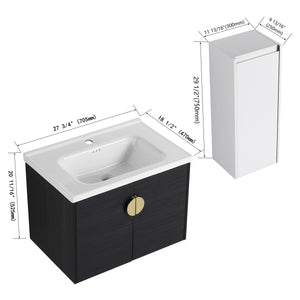 English Elm 28" Wall-Mounted Bathroom Vanity With Ceramic Sink & Side Cabinet – Space-Saving, Soft-Close Doors! W999S00327