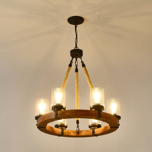 English Elm 23.62 Inch Wagon Wheel Chandelier Wood Metal Frame Seeded Glass Farmhouse Dining W5008P390657