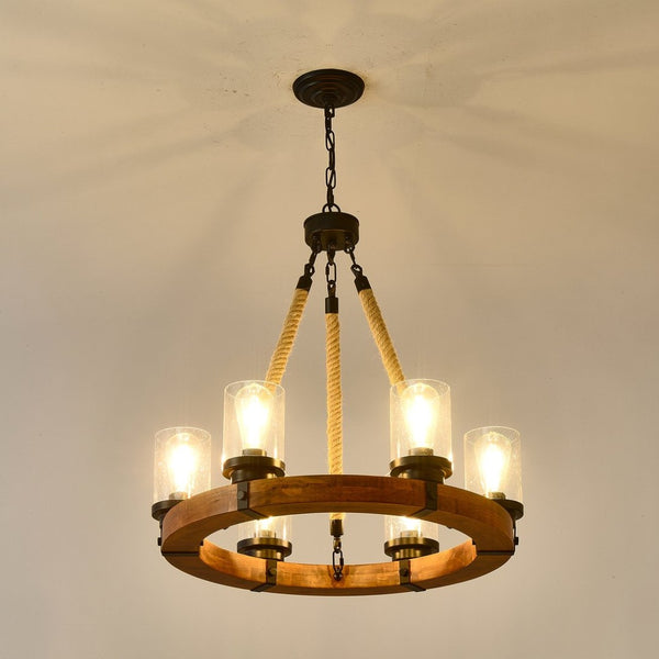English Elm 23.62 Inch Wagon Wheel Chandelier Wood Metal Frame Seeded Glass Farmhouse Dining W5008P390657