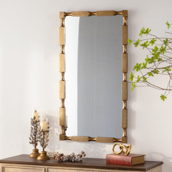 English Elm Gold Matte Bamboo Node Rectangular Mirror Organic Textured Frame Bedroom Entryway W3081P391524