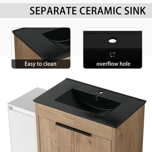English Elm 42 Inch Freestanding Bathroom Vanity With Black Ceramic Sink, Soft-Close Doors, And Storage Solutions W999S00310