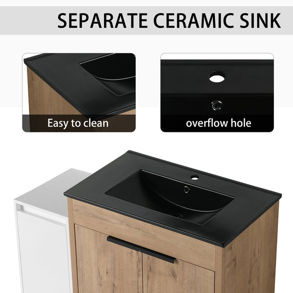 English Elm 42 Inch Freestanding Bathroom Vanity With Black Ceramic Sink, Soft-Close Doors, And Storage Solutions W999S00310