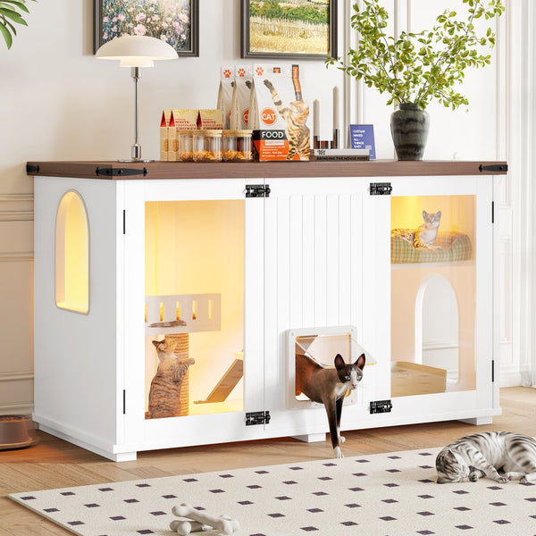 English Elm 47.25" Modern Cat Litter Box Enclosure with LED, Stairs & Scratcher, Smart Door Cabinet Side Table N704P270707K