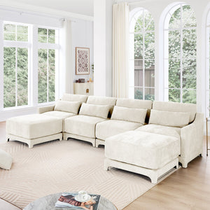 English Elm Four-Seater Chenille Sofa Set With Movable Ottoman, Ergonomic Lumbar Pillow, Modern Elegance In Beige W714S01236