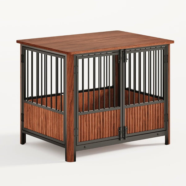 English Elm 31.5'' Walnut Fluted Wood Dog Crate Doubles as End Table for Small Medium Breeds W1820P336033