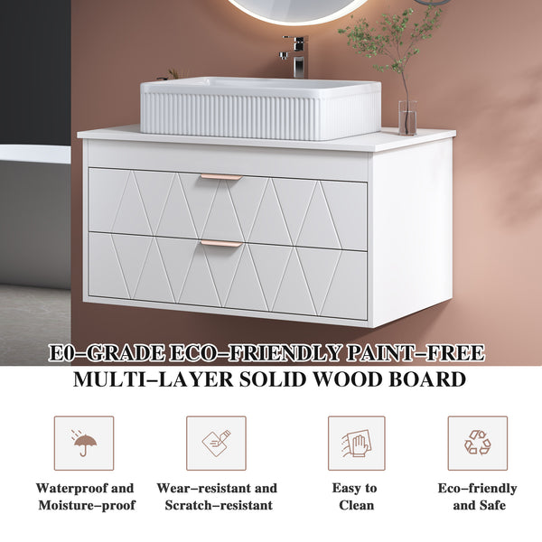 English Elm 31.5" White Modern Bathroom Vanity with Textured Ceramic Vessel Sink, Diamond Drawers, Rose Gold Accents W3136S00025