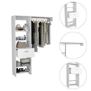 English Elm Closet Adjustable Storage System 70–118" W with Three Hanging Rods, Five Shelves & One Drawer, Engineered Wood White 83.07 L x 20.47 W x 3.94 H B097S00181