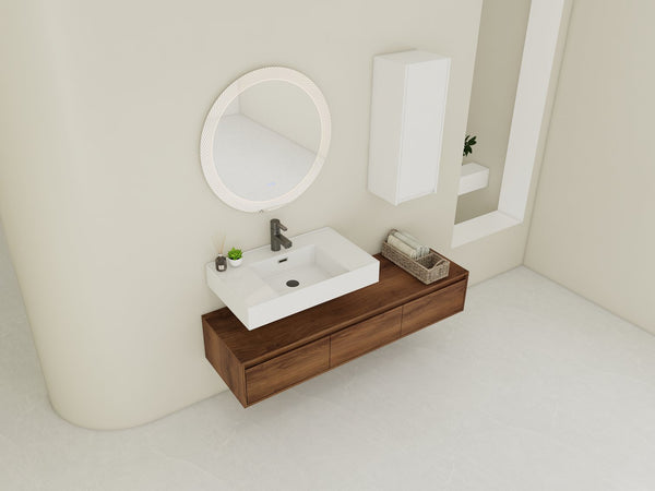 English Elm 60 Inch Wall-Mounted Bathroom Vanity Set With Resin Sink, Soft-Close Drawers, And Side Cabinet Space W999S00284
