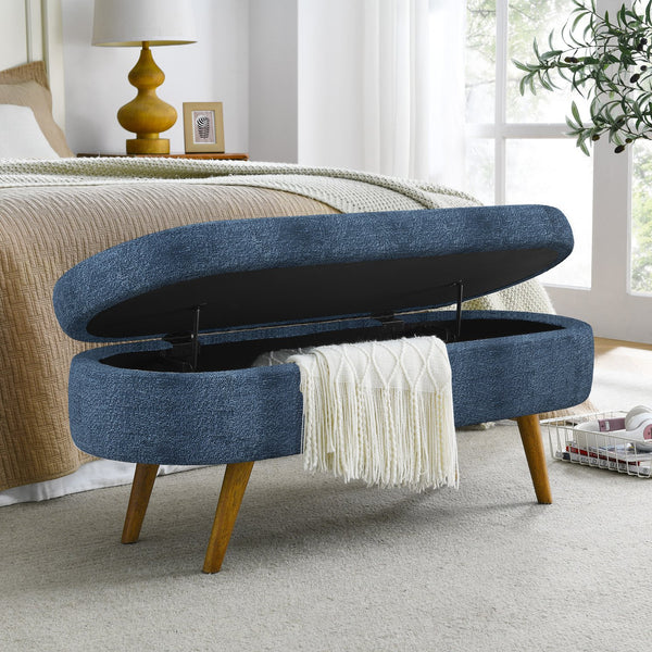 English Elm Ottoman Oval Storage Bench with Rubber Wood Legs, Spacious Upholstered Seat, 250lb Capacity, Stylish Entryway Accent Dark Blue W487P271394