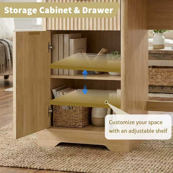 English Elm 59" Fluted Oak L-shaped Corner Desk with Charging Station Monitor Stand and File Storage Light Oak W2917S00005