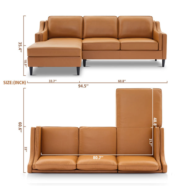 English Elm 94.5 Inch L-Shaped Genuine Leather Sofa With Left Chaise Lounge - Modern Tan Sectional Comfort W791S00022