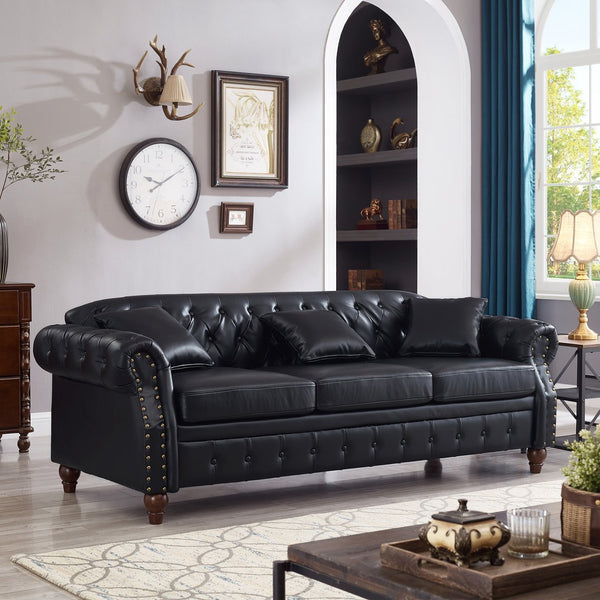 English Elm 85.8" Living Room Chesterfield Sofa with Storage Classic Tufted PU Upholstery Solid Wood Frame, 3-Seater Comfort Black W1097S00148