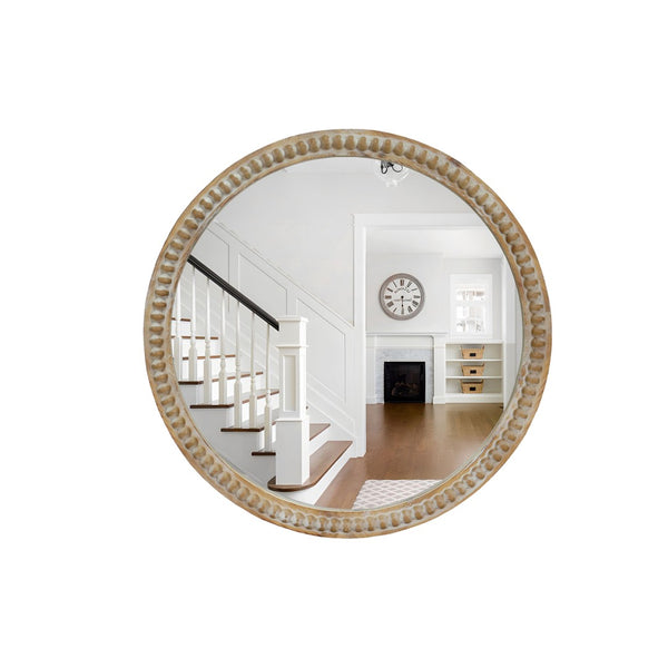 English Elm Round Decorative Wall Mirror - 27.5" Distressed Beaded Frame For Rustic Farmhouse Charm & Style W2295P389106-GIGA